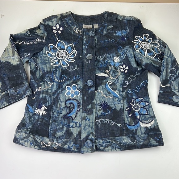 Chico's Women's Blue Embroidered Beaded  Floral Batik Denim Jean Jacket - Picture 3 of 8